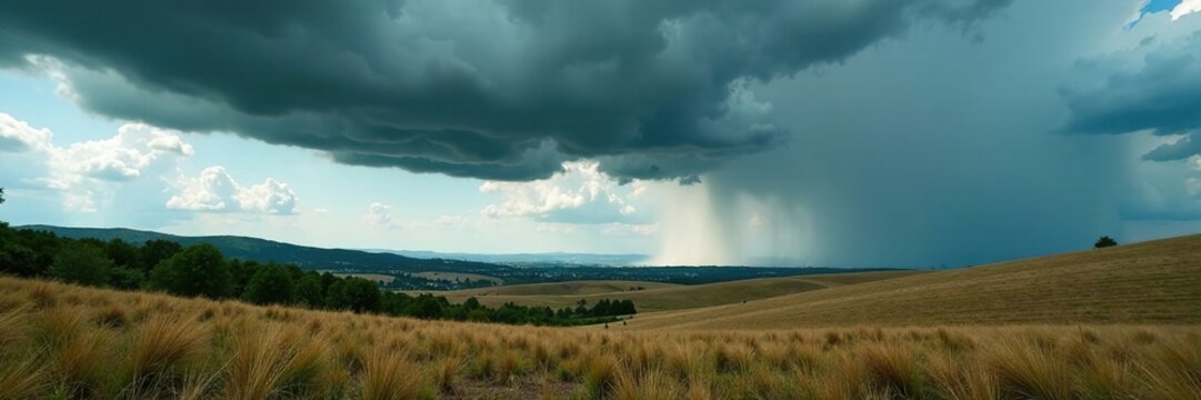 Dark clouds gather over a vast landscape of rolling hills and fields, wilderness, storms, landscape