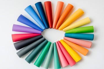 Colorful cones arranged in a circle on white background.