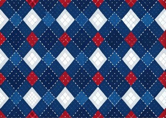 Night Photography: Blue & White Argyle Diamond Pattern with Red Stitch - Geometric Fabric Texture