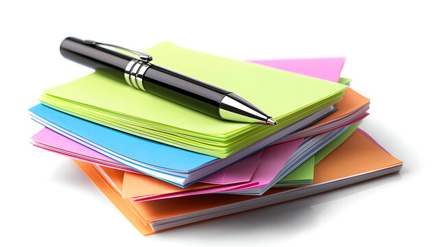 A pen is on top of a stack of colorful papers