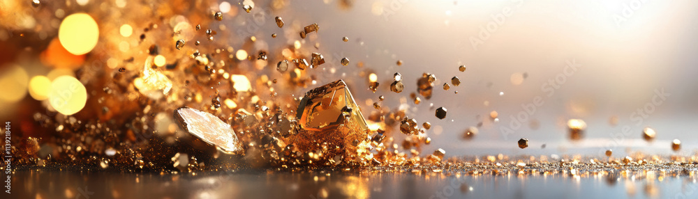 Poster dynamic gold dust explosion abstract setting high-resolution image bright lighting close-up view vis