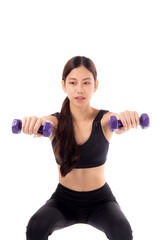 Young Woman Exercising with Dumbbells in Black Sportswear on White Background