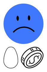 Sad blue face symbolizing disappointment, egg, and coin representing economic issues. Ideal for financial struggle, economic downturn, savings loss, market crash, recession, personal finance