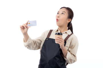Portrait happiness young asian woman wearing apron holding credit card while shock with surprise...