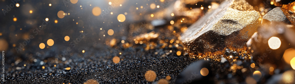 Poster captivating glimmering gold particles dance on textured surface close-up abstract art studio setting