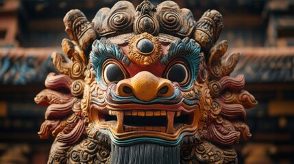 Fototapeta premium Close-up of a traditional lion head used in dance, intricate designs and vibrant colors, symbolic of courage and prosperity, festive setting