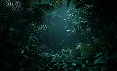 Lush, dark green jungle foliage with misty path.