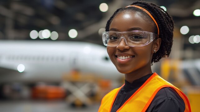 Smiling female aircraft mechanic wearing safety glasses. Illustrates women in STEM and aviation careers. - Powered by Adobe