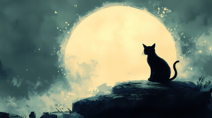 A black cat is sitting on a rock in front of a large moon. Aurulent. Illustration