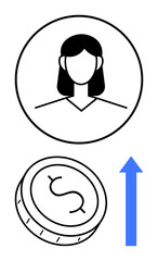 Woman avatar above a coin with a dollar sign and an upward blue arrow. Ideal for finance, career growth, success, business improvement, entrepreneurship, investment planning, and economic