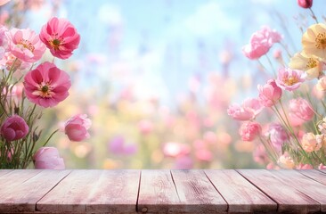 Wooden table with blurred spring flowers.