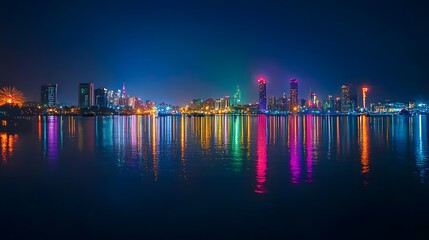 A city skyline glowing with vibrant colors from a spectacular New Year&acirc;&euro;&trade;s Eve fireworks display