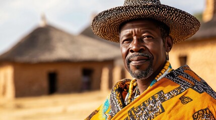 A man in traditional South African costume, with a Xhosa-style hat and cloak, stands against a backdrop of ancient adobe houses.
