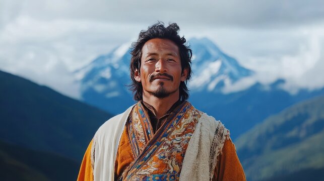 A man in traditional Lepcha costume in India, wearing an embroidered robe and waist cloth, standing amidst the Himalayas