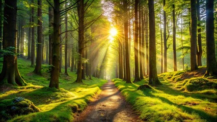 Obraz premium Sunlit Path Through a Lush Green Forest with Rays of Sunlight Streaming Through the Trees