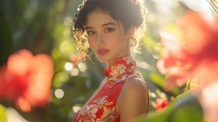 Fototapeta premium A woman in a red and gold floral silk dress with a delicate floral shoulder cloth stands amidst a Thai flower garden