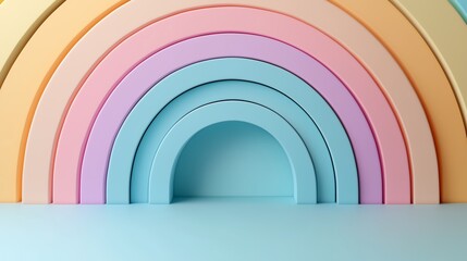 Fototapeta premium 3D illustration of a pastel curvy rainbow with soft and delicate colors. Designed for a fun and whimsical aesthetic. Perfect for cheerful and creative designs or children's decor themes.