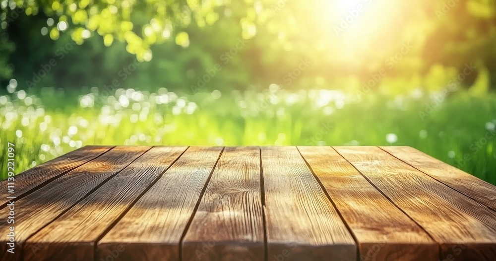 Wall mural empty wooden table against blurred spring background.