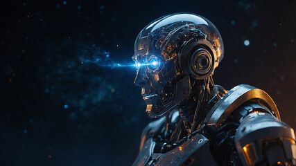 Naklejka premium A futuristic robot with a transparent head showcasing glowing internal components and striking illuminated eyes.