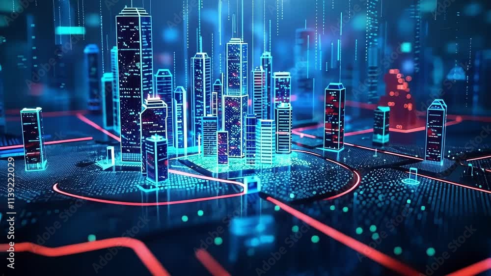 Aufkleber complex network of interconnected devices exchanging data, creating a futuristic cityscape illuminat