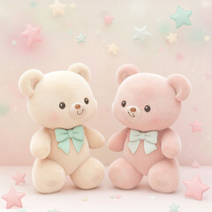Obraz premium Cute teddy bear couple holding valentine heart shape on pink background. Lovers' day celebration decoration. Birthday decoration with teddy bear couple. Love concept .Gift decorations