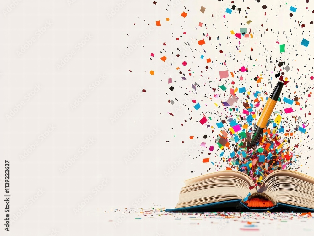 Poster exploding with ideas pen and open book with colorful confetti.