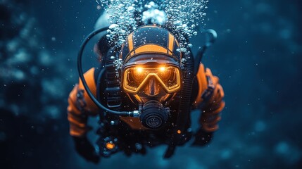 A diver in an orange suit explores underwater, surrounded by bubbles in a deep ocean setting.
