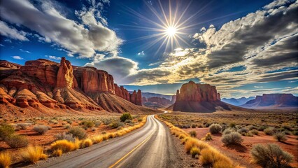 A scenic desert highway winds through vibrant red rock formations under a radiant sun and dramatic clouds.