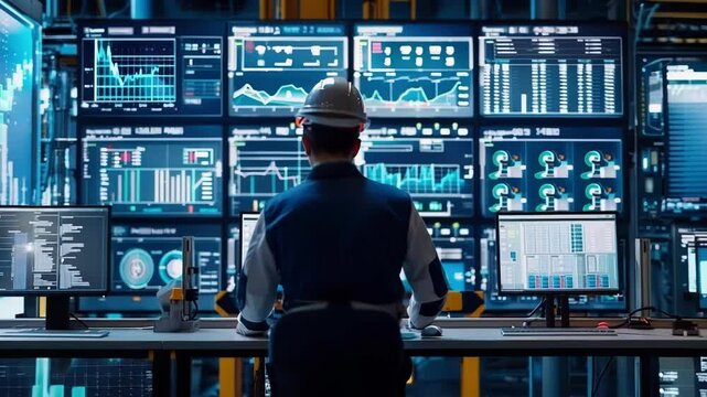 Industrial engineer wearing a hard hat is monitoring the production process using innovative software displayed on multiple screens