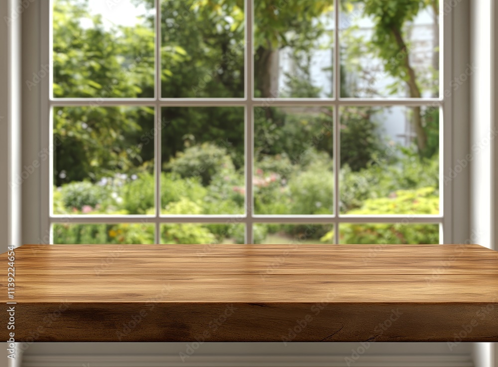 Canvas Prints wooden table against window showing garden view.