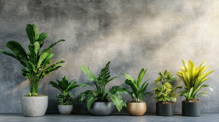 Indoor Plants in Grey Pots Against a Textured Wall