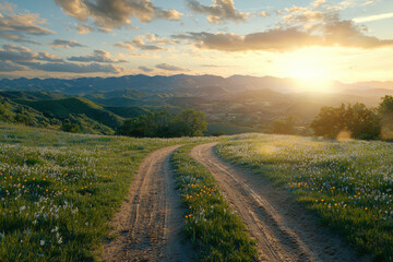 Fototapeta premium Tire tracks on dirt road leading to rolling hills sunset landscape nature photography scenic view