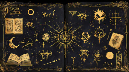 Hand drawn illustration of decorated old pages with mystic symbols from witch magic spell book. gothic, occult and esoteric background. only fantasy letters, no foreign language. Arcane. Illustration