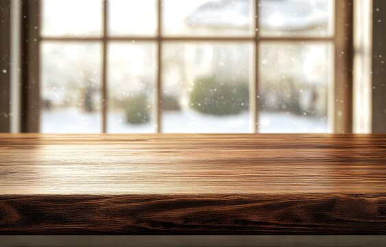 Fototapeta Wooden table against snowy window view.