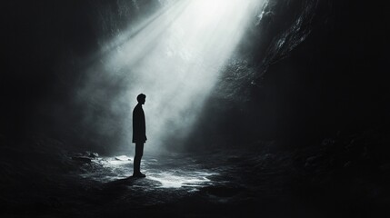 Obraz premium Man Standing Alone in a Dark Cave with Light Beams Illuminating from Above, Creating a Dramatic Atmosphere and Evoking Feelings of Solitude and Reflection