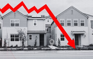 Declining red arrow over a black and white house. Housing crisis