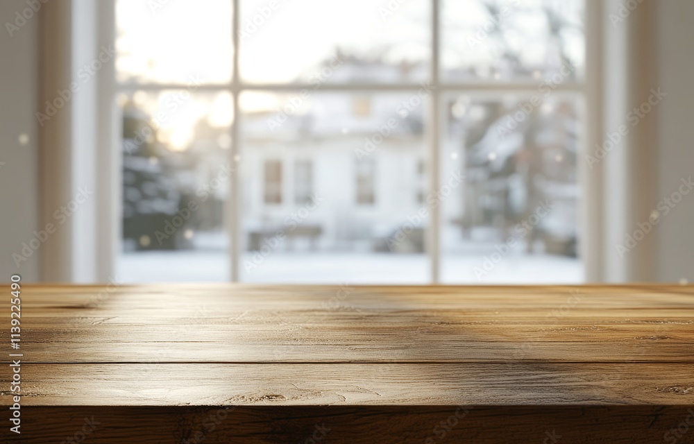 Poster wooden table in front of snowy winter window.