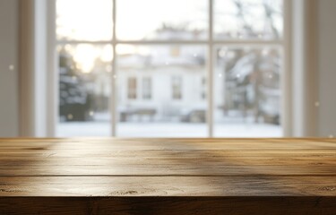 Wooden table in front of snowy winter window.