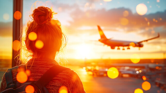 Sunset Departure: A young woman gazes wistfully at a departing airplane silhouetted against a breathtaking sunset, capturing the bittersweet emotions of farewell and anticipation of new adventures. 