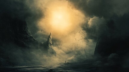 Fototapeta premium Mysterious Landscape with Dark Mountains and Atmospheric Fog Under a Glowing Sunlight in the Sky, Evoking a Sense of Wonder and Exploration in Nature
