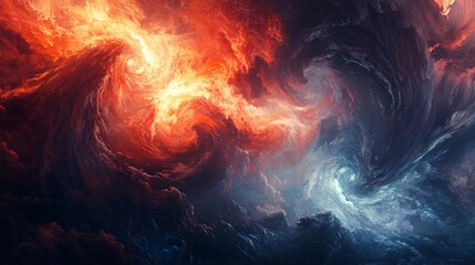 Abstract Cosmic Swirl with Vibrant Red and Blue Contrasts, Depicting Celestial Elements and Dynamic Energy in a Stunningly Dramatic Sky-like Composition