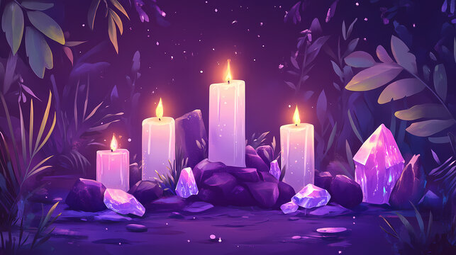 Mystical tarot reading setup with candles, crystals, and purple hues in enchanting dusk atmosphere, tarot, candles, crystals. Arcane. Illustration