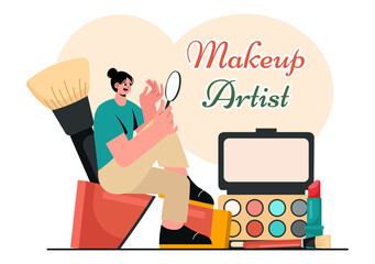 Makeup Artist Vector Illustration featuring a Professional Makeover Session with Clients Undergoing Beauty Procedures in a Flat Style Background