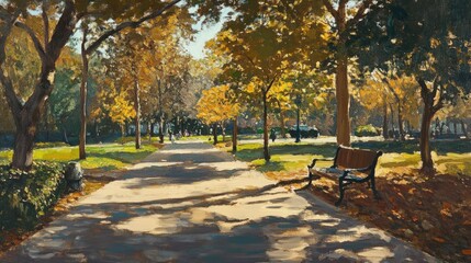Naklejka premium Autumnal Park Path: A Serene Autumn Day in a Picturesque Park