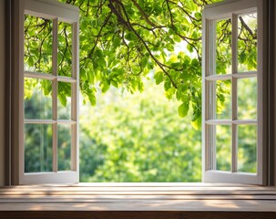 Open window with wooden sill, green leaves, sunlight.