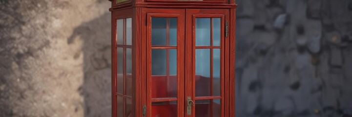 Obraz premium Old wooden telephone box with glass door and brass hinges, telephone, antique