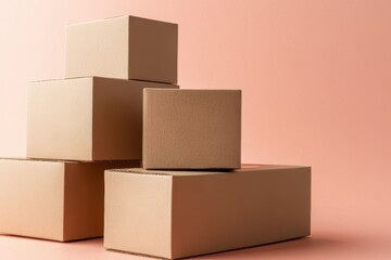 Obraz premium Stacked Brown Cardboard Boxes on a Soft Pink Background, Ideal for E-Commerce, Shipping, and Packaging Concepts in Minimalist and Modern Design Aesthetics