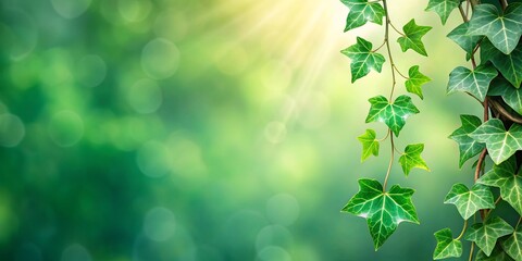 Obraz premium Lush Green Ivy Vines Cascading Against a Soft Bokeh Background, Perfect for Nature-Themed Designs and Springtime Projects