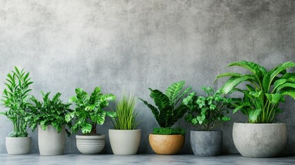 Indoor Greenery: A Collection of Lush Potted Plants Against a Concrete Wall