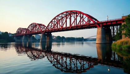 Reflections of iron bridge on the river surface, iron, rippled
